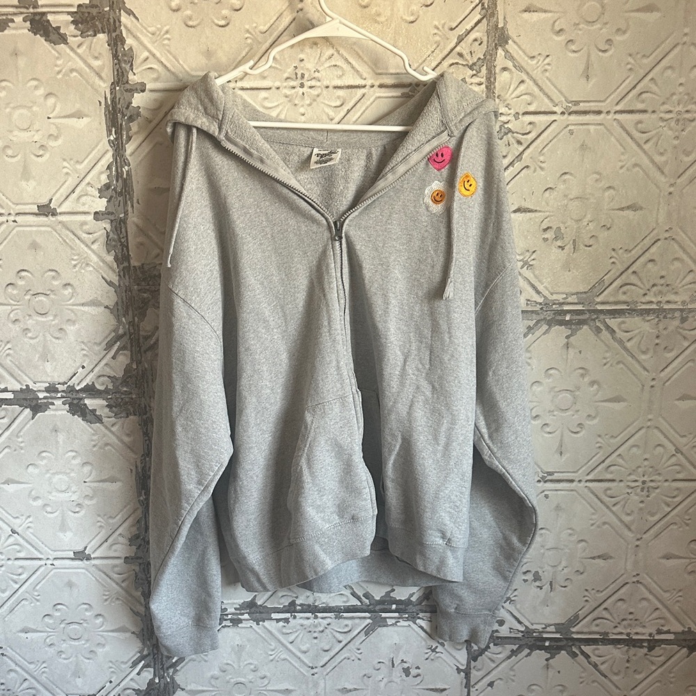 Gray Zip-Up Hoodie with Smiley Face embroidery